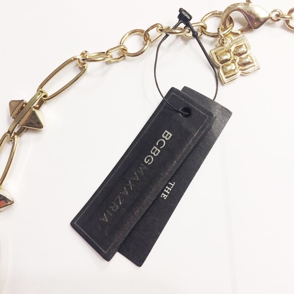 BCBG NECKLACE CHAIN COLLAR GOLD TONED SPIKE PINK PAPER CLIP LINK